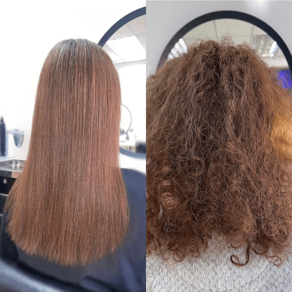 Before and after Onyx treatment: frizzy curls transformed into sleek straight hair