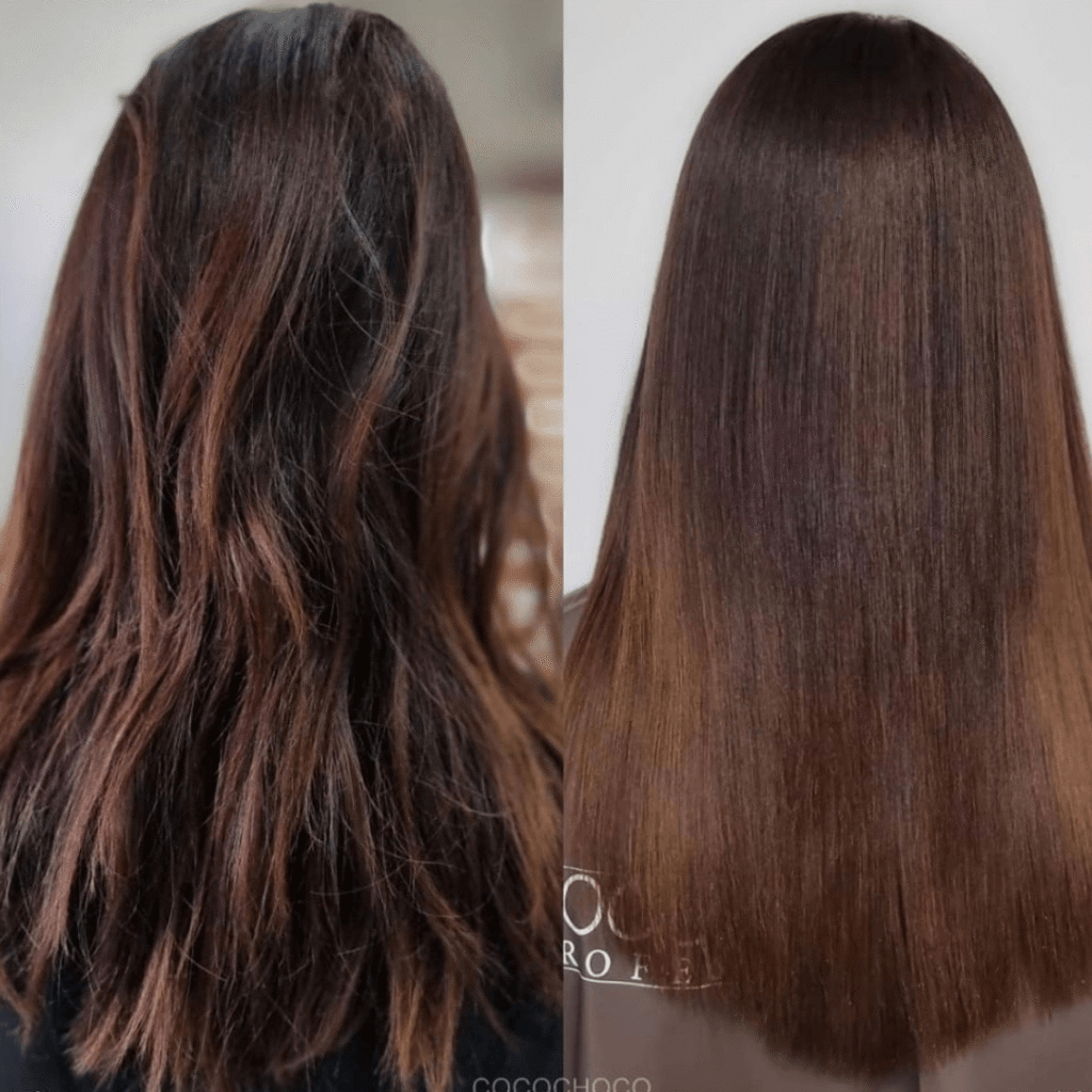 Before and after Onyx keratin treatment on long brunette hair