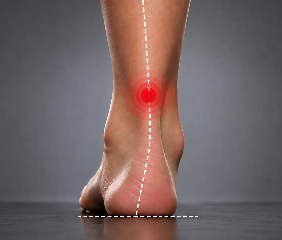 Rear view of a foot rolling inward on a collapsed arch, then straightening once a custom arch support is fitted underneath