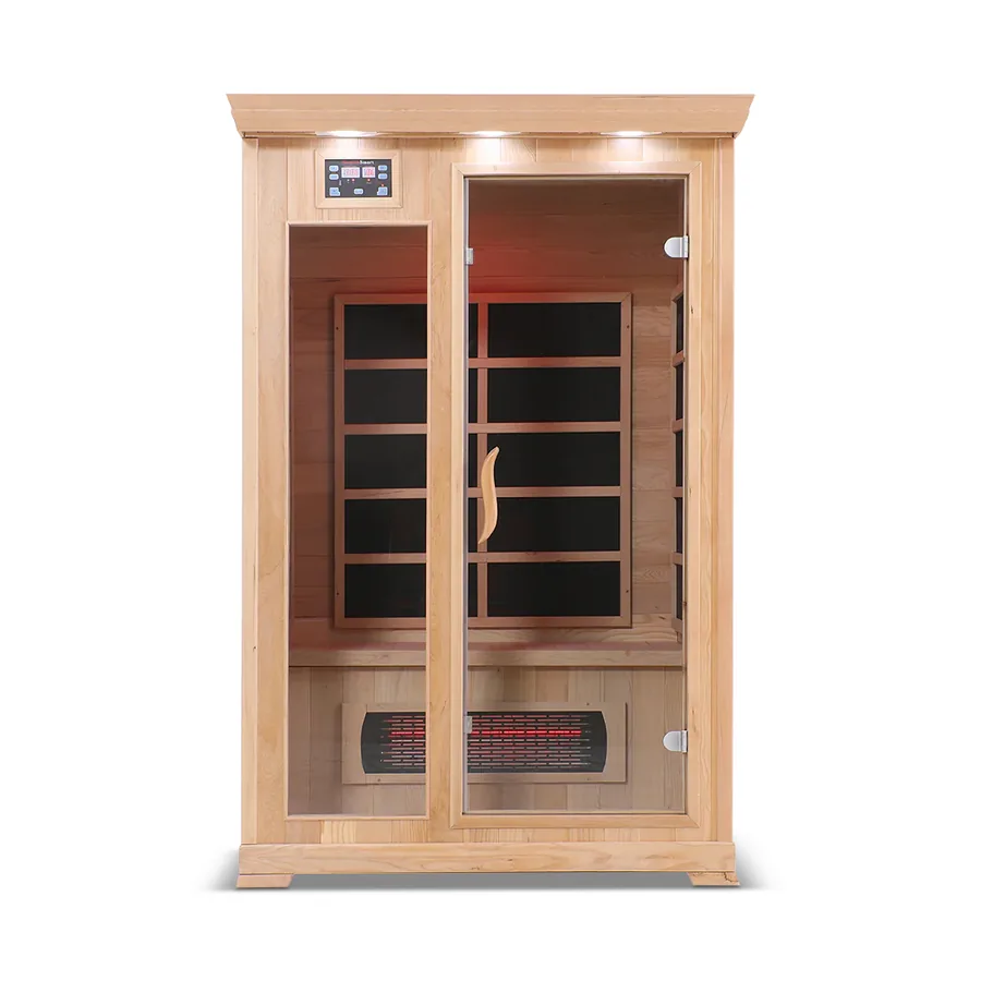 Detail of the sauna cabinetry and glass panels