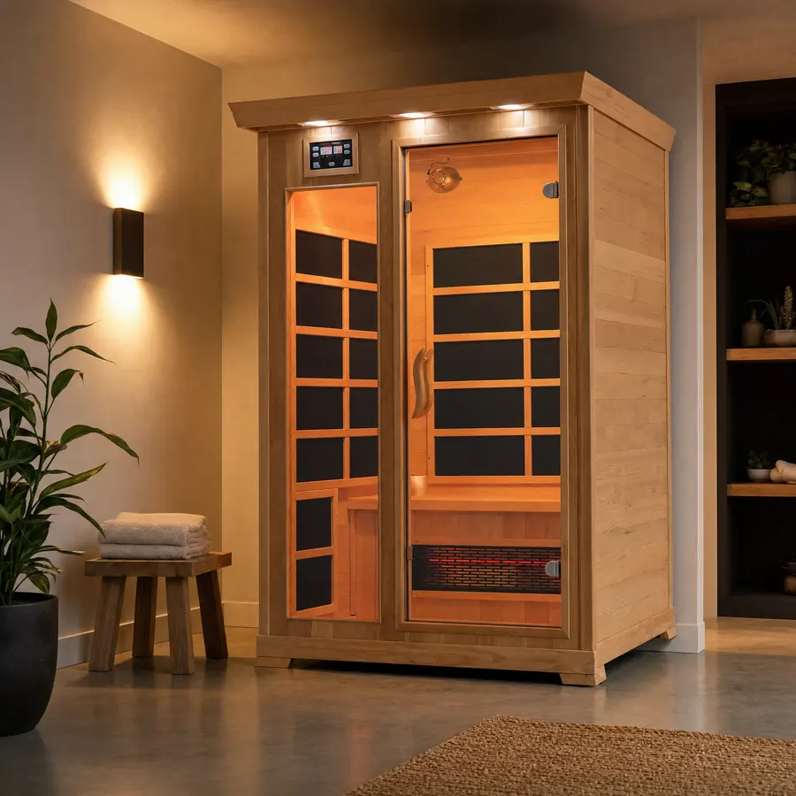 The sauna glowing warmly in a home wellness room at evening