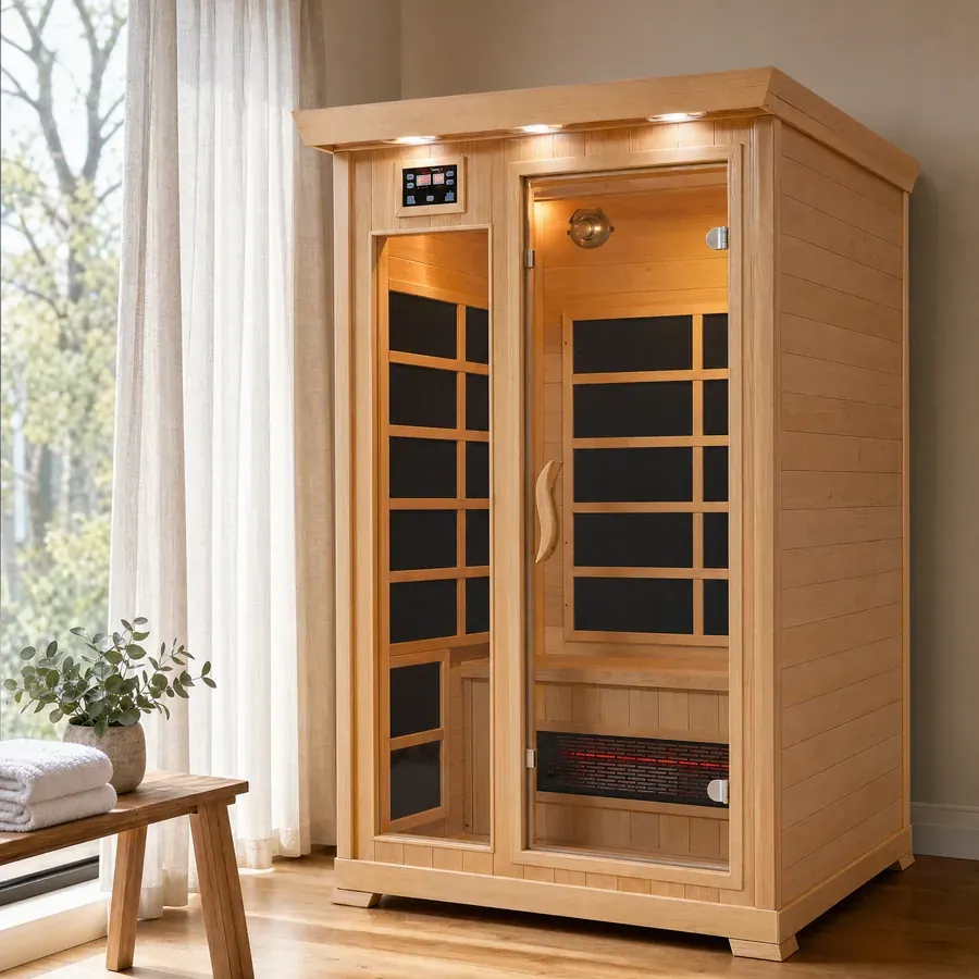 The HealthSmart 2-person full spectrum infrared sauna installed in a customer's living space beside a window