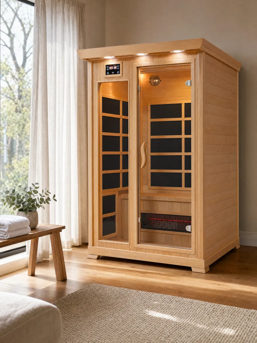 The HealthSmart 2-person infrared sauna installed in a customer's home beside a window